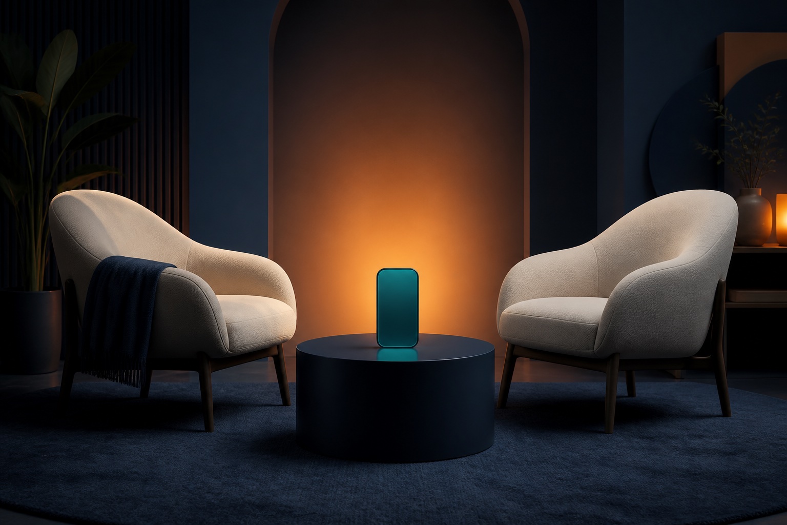 Two empty chairs facing a phone with a soft teal reflection in a quiet room
