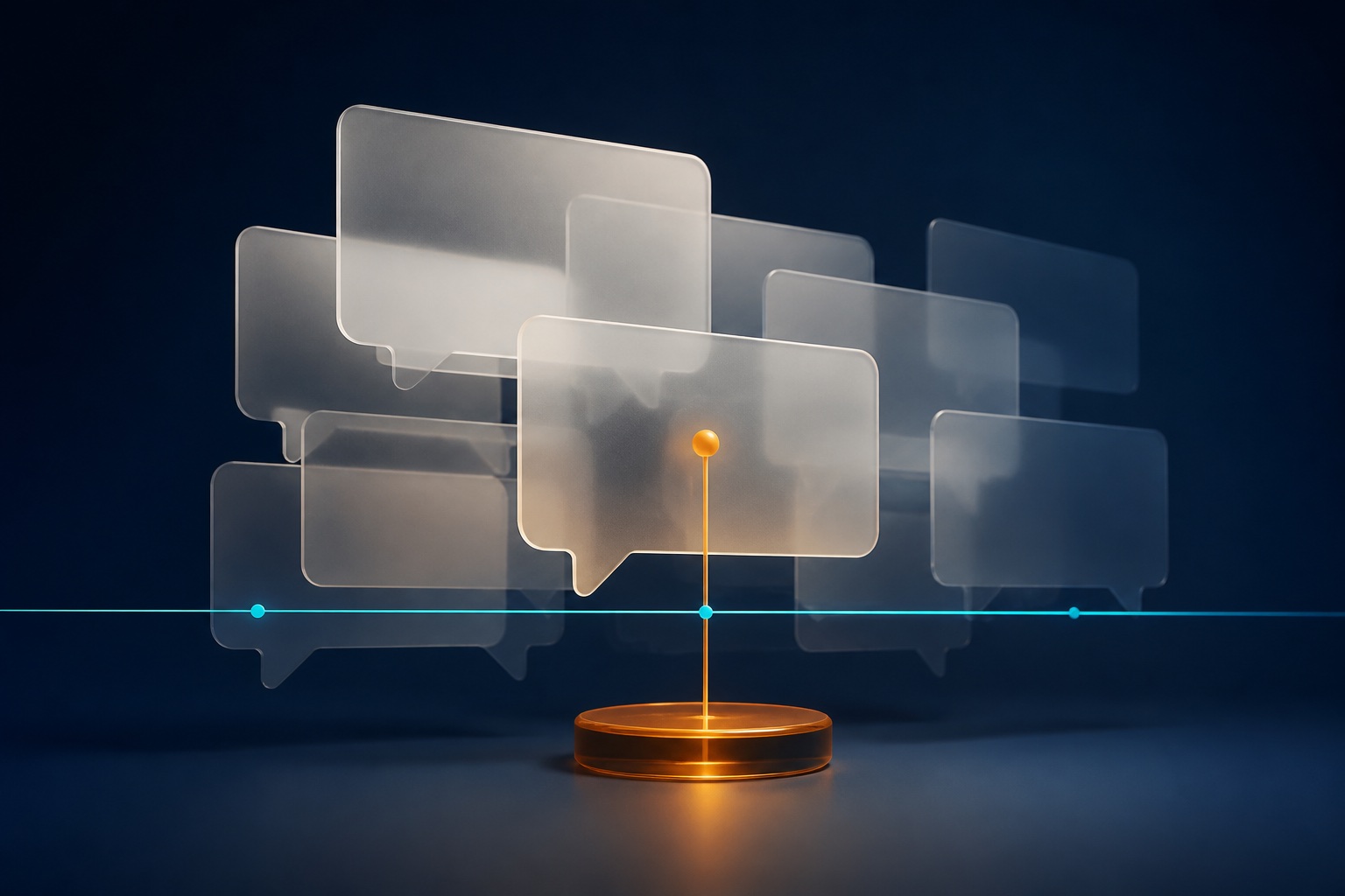 Overlapping translucent message panels casting contradictory shadows around a steady orange marker