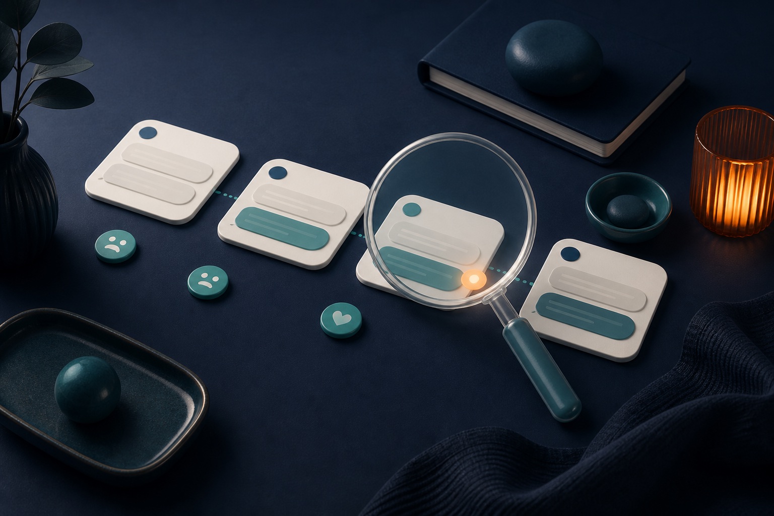 Message cards and emotion markers arranged beneath a magnifying glass on a dark desk
