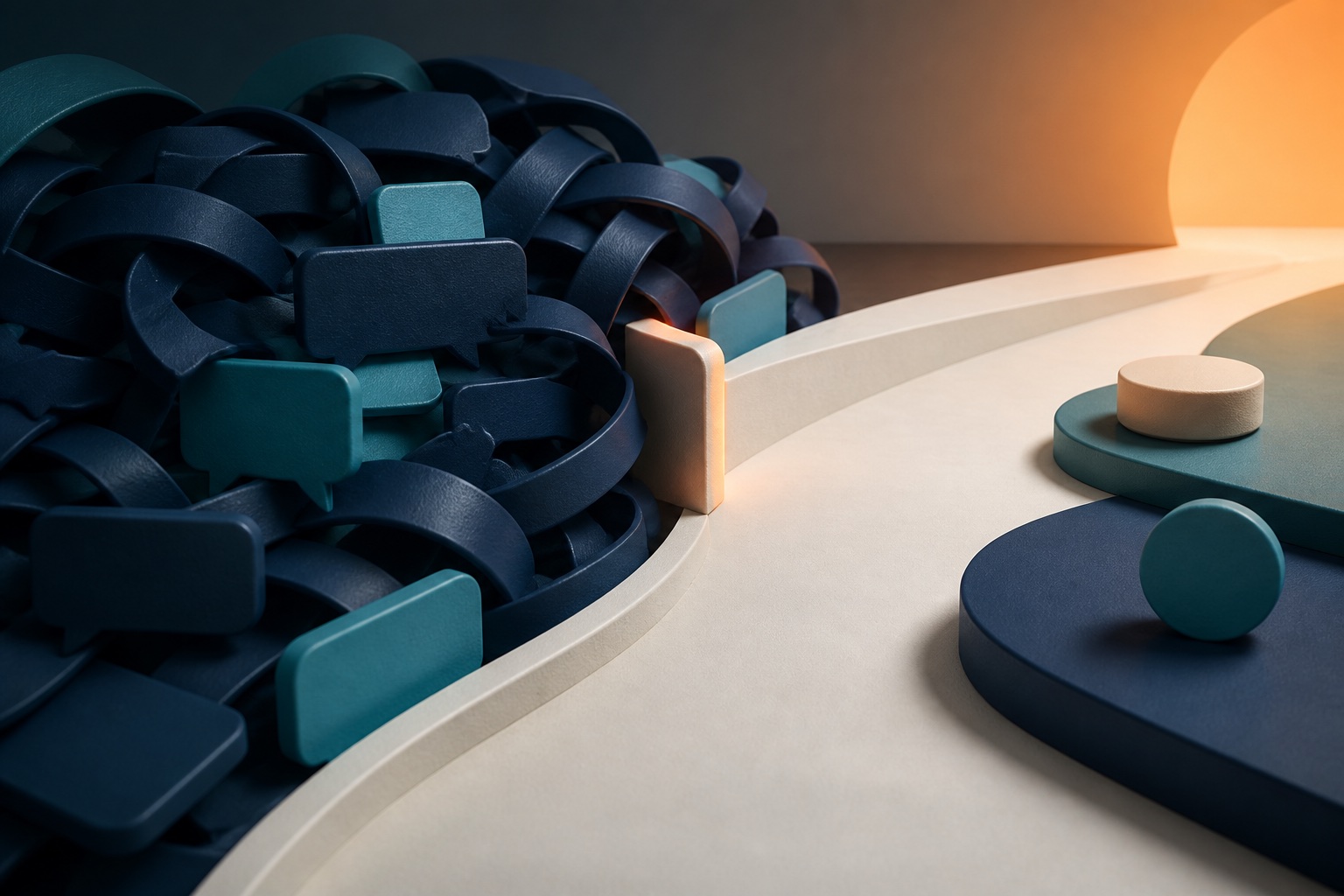 A tangled loop of dark message tiles opening into a clear illuminated path