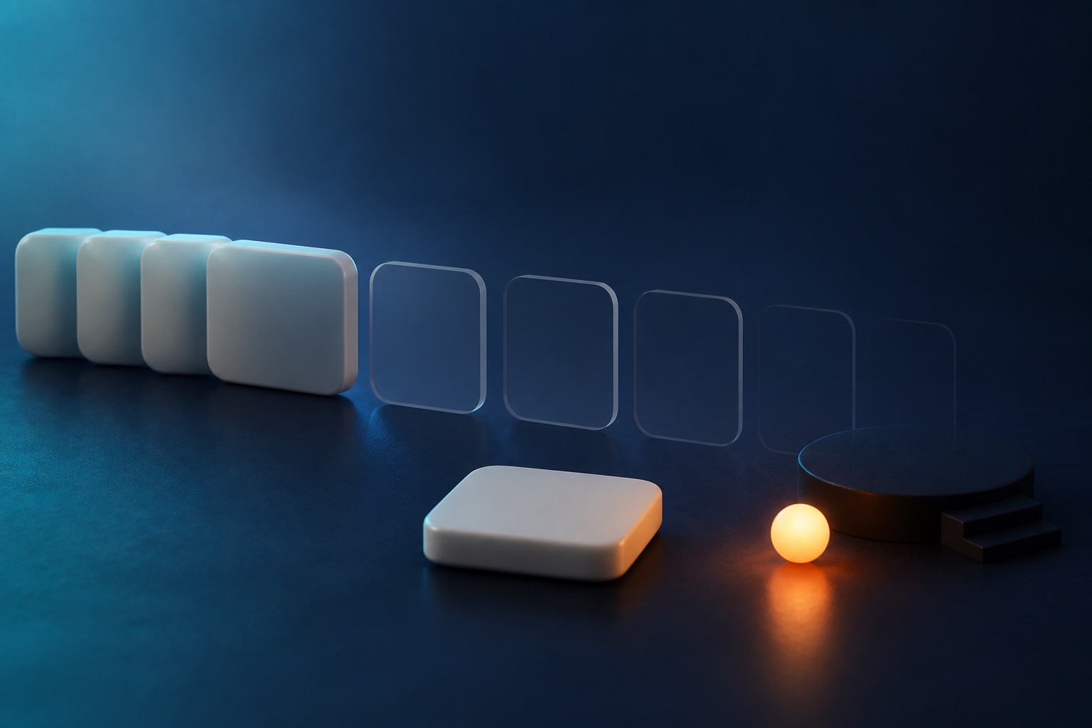 A softly lit phone beside an empty chair at dusk with a fading trail of message-shaped light