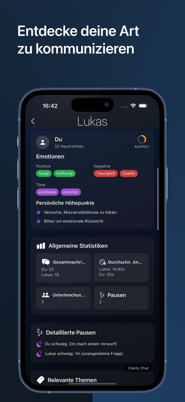 Clarity Chat Bericht nach Teilnehmer mit Anzahl der Nachrichten, durchschnittlicher Antwortzeit, Unterbrechungen und Stille