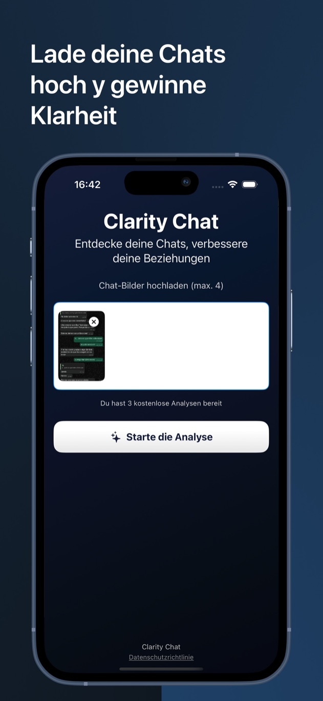 Clarity Chat Ladebildschirm zur Auswahl von bis zu vier Chat-Screenshots zur Analyse