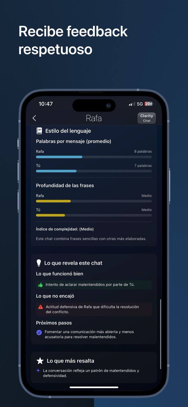 Resumen de la conversación de Clarity Chat con aspectos positivos, inquietudes y próximos pasos recomendados