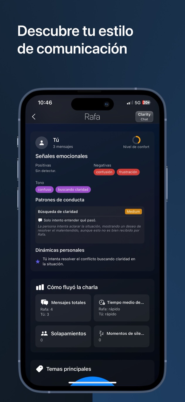 Informe de Clarity Chat por participante con número de mensajes, tiempo medio de respuesta, interrupciones y silencios