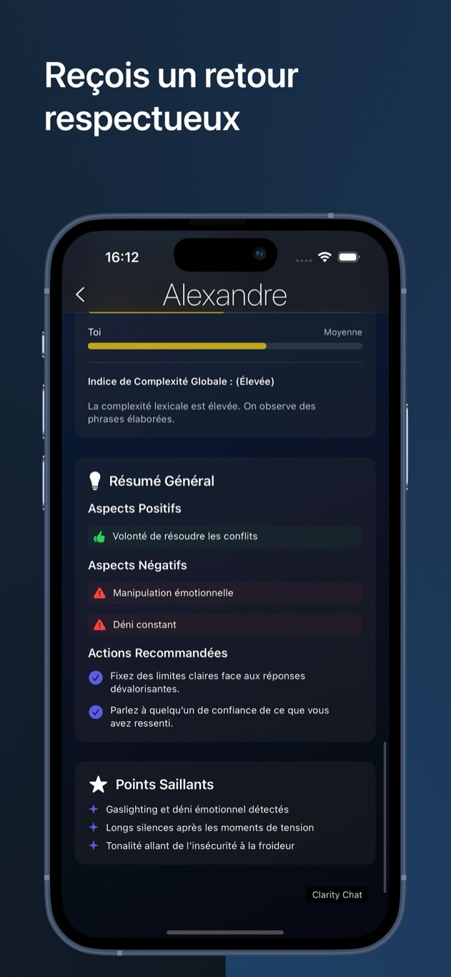 Résumé de la conversation de Clarity Chat avec les points positifs, les préoccupations et les prochaines étapes recommandées