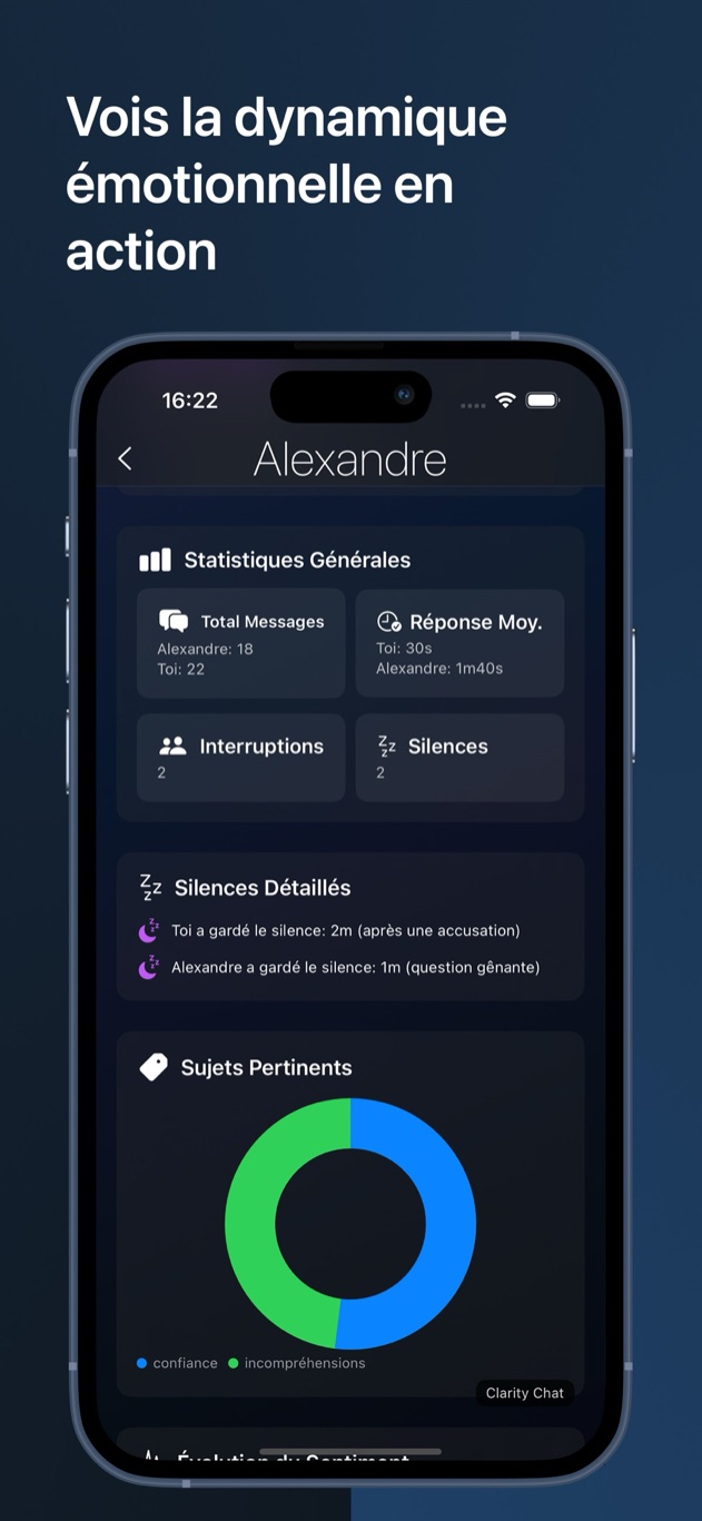 Clarity Chat affiche les silences, les sujets de conversation et les changements de ton émotionnel