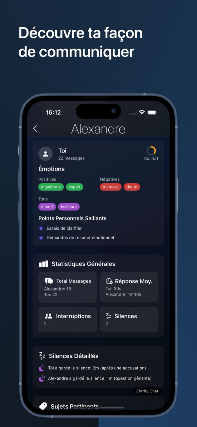 Rapport Clarity Chat par participant avec nombre de messages, temps de réponse moyen, interruptions et silences