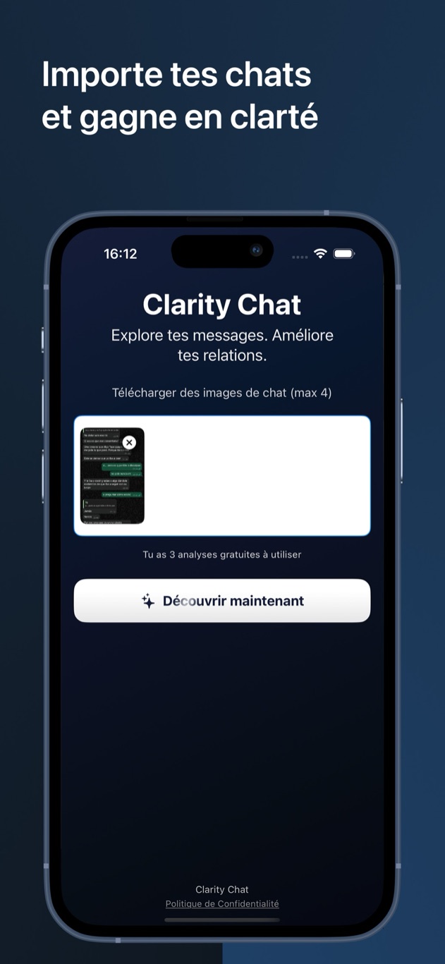 Écran de chargement Clarity Chat pour sélectionner jusqu'à quatre captures d'écran de chat à analyser
