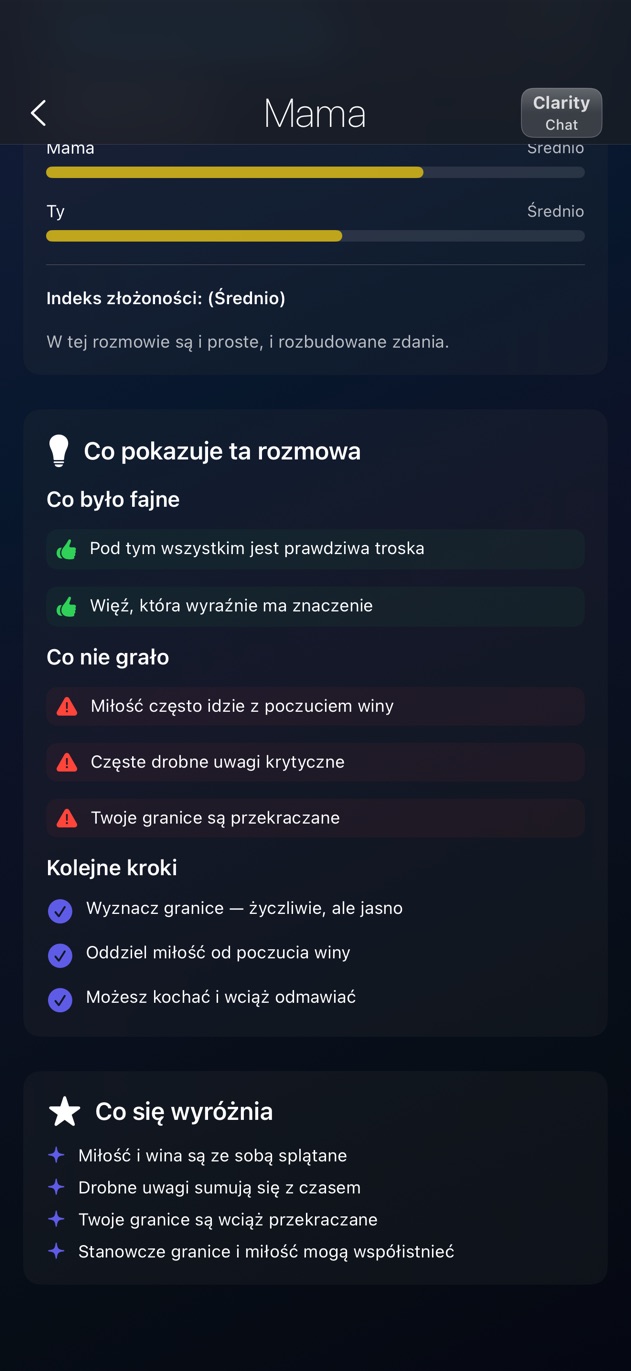 Podsumowanie rozmowy Clarity Chat zawierające pozytywne informacje, wątpliwości i zalecane dalsze kroki