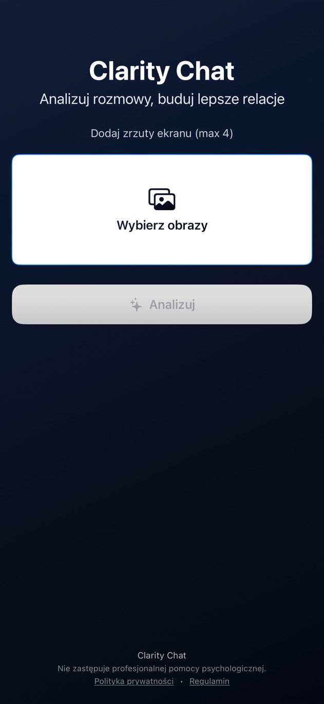 Ekran Clarity Chat do wyboru maksymalnie czterech zrzutów ekranu do analizy