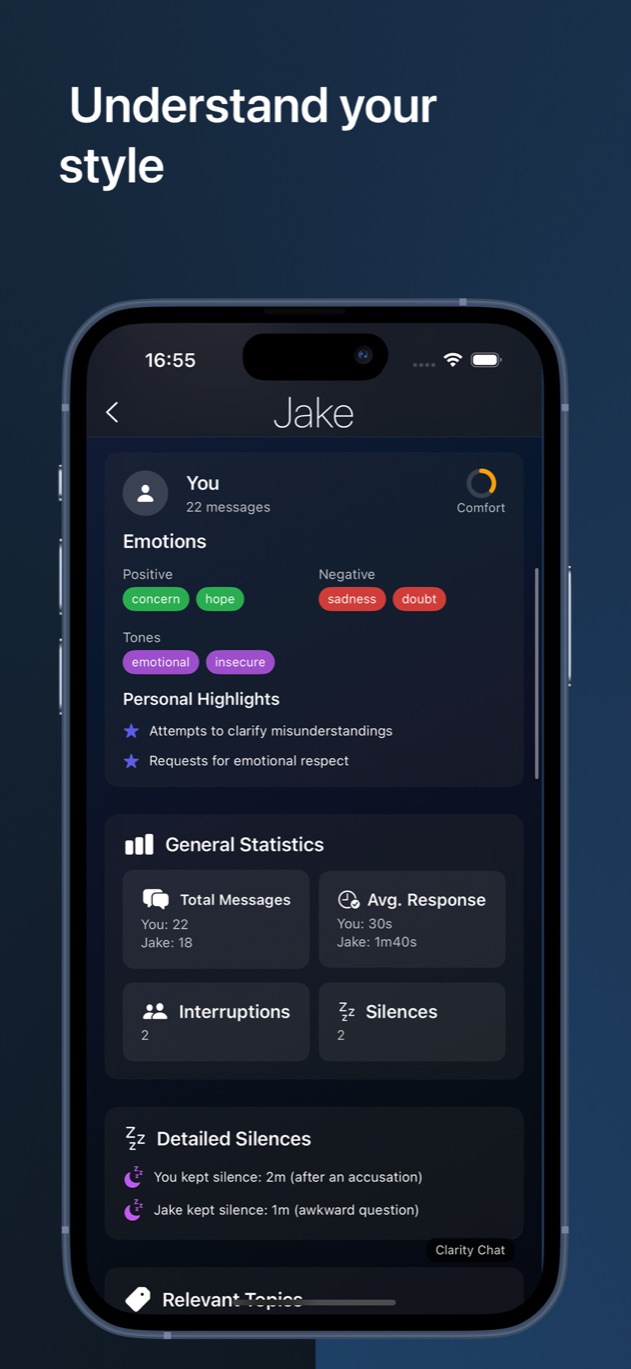 Clarity Chat participant report with message counts, average response time, interruptions and silences